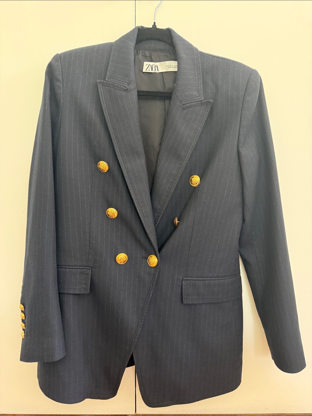 Zara Dark Navy Pinstripe Double-Breasted Blazer with Gold Buttons. Like New!